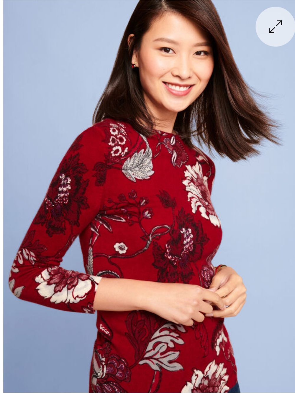 Talbots Pure Cashmere Red Floral 3/4 Long-Sleeve Audrey Sweater Small Petite